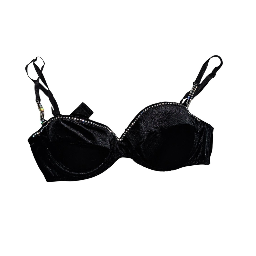 Fredericks of Hollywood Black Velvet Rhinestone Push Up Bra 34C 50218